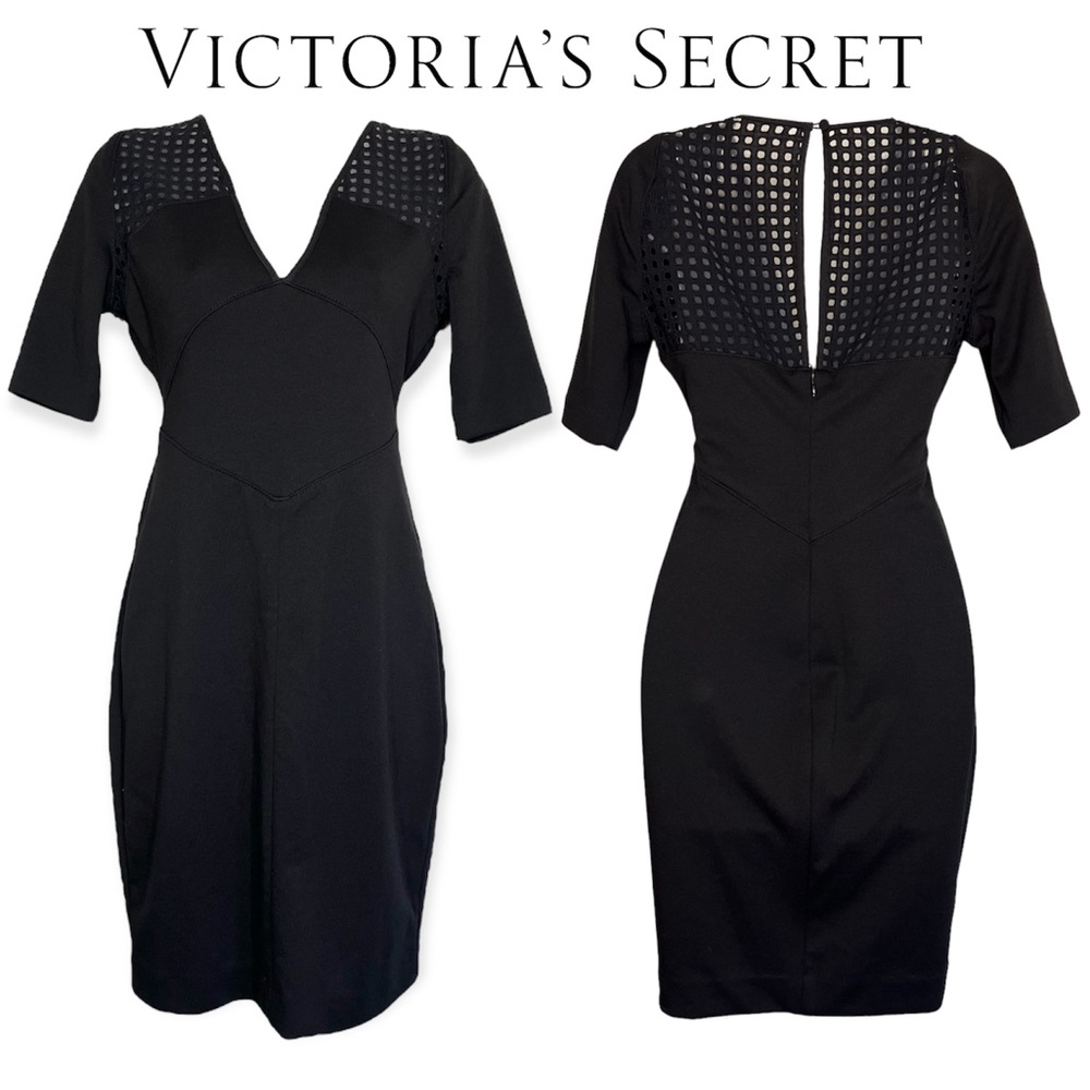 VS Stretch Bodycon Dress Half Sleeve Eyelet Details Solid Black LBD Size 2